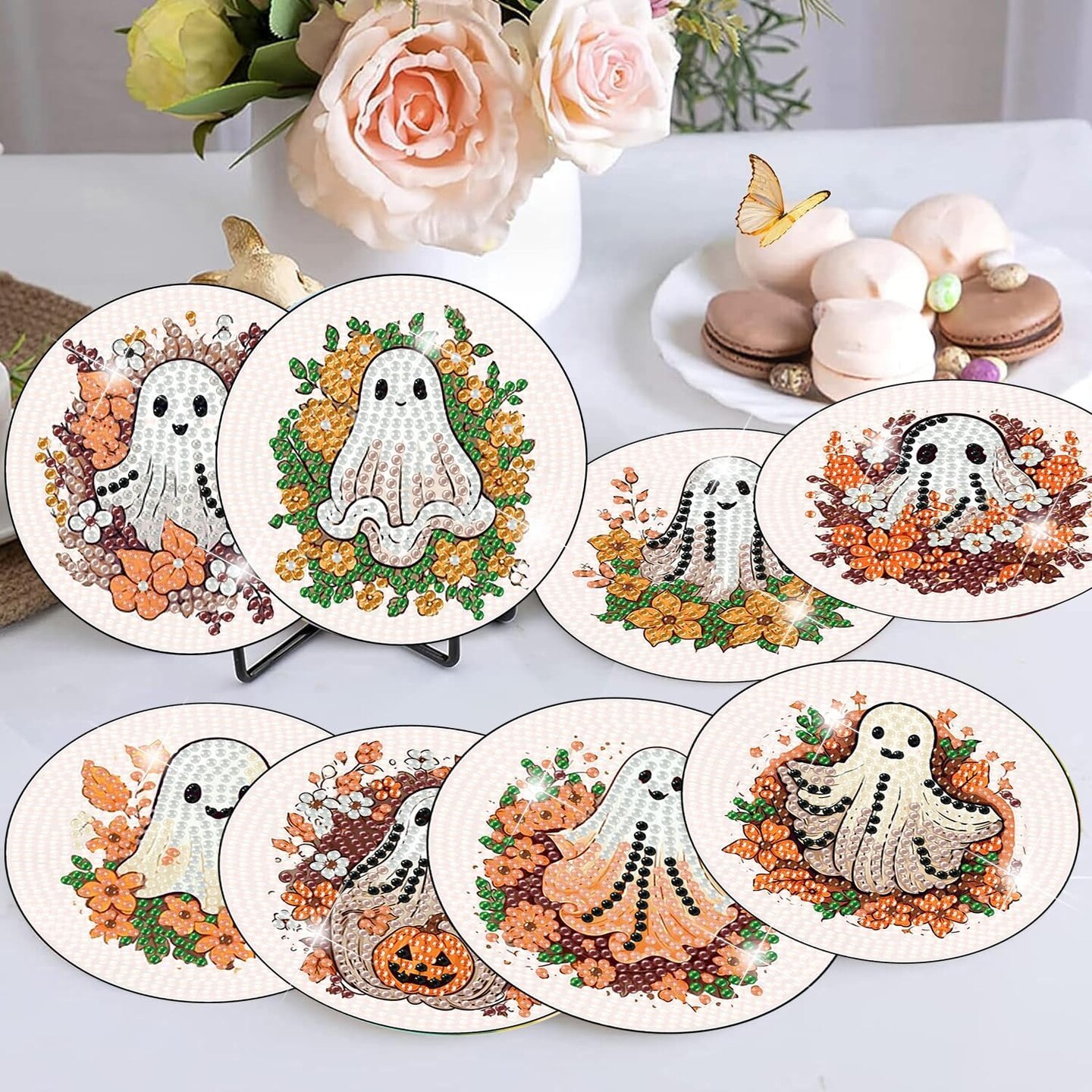 8PCS Halloween Ghost Diamond Art Coasters Kit with Holder & Cork Backing – DIY 4x4in Sparkling Craft Set for Adults & Beginners
