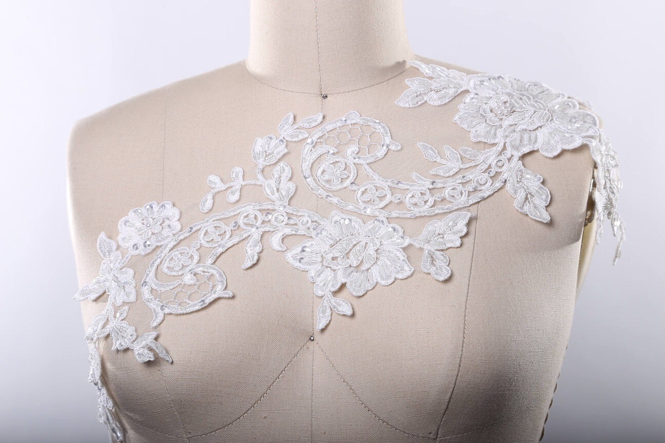 White Extra Long Beaded Lace Applique Pair With 21 Inch Length