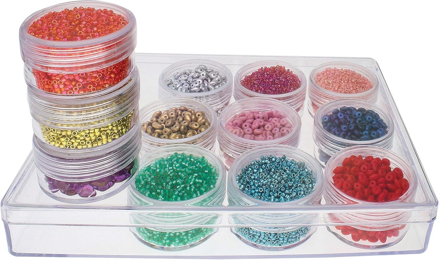 The Beadsmith Personality Case - Clear Storage Organizer Box &#x2013; 6.4 x 4.8 x 1 inches - Includes 12 Small Containers with lids - 1.5 x 0.8 inches, Bead Holder