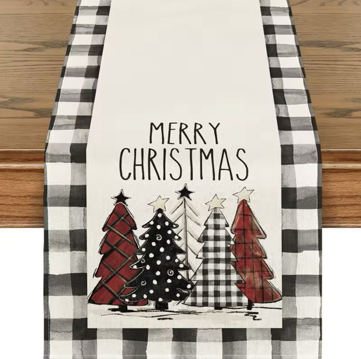 Buffalo Plaid Table Runner Christmas Trees Merry Xmas Table Runner Winter Holiday Kitchen Dining Table Decoration, Black and White