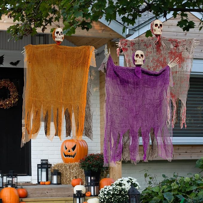 3 Pack 31.5 Inches Hanging Grim Reaper Decorations, Halloween Skeleton Props with Cloaks, Indoor Outdoor Yard Decor for Parties, Haunted House, Scary Tree Ornament Favors