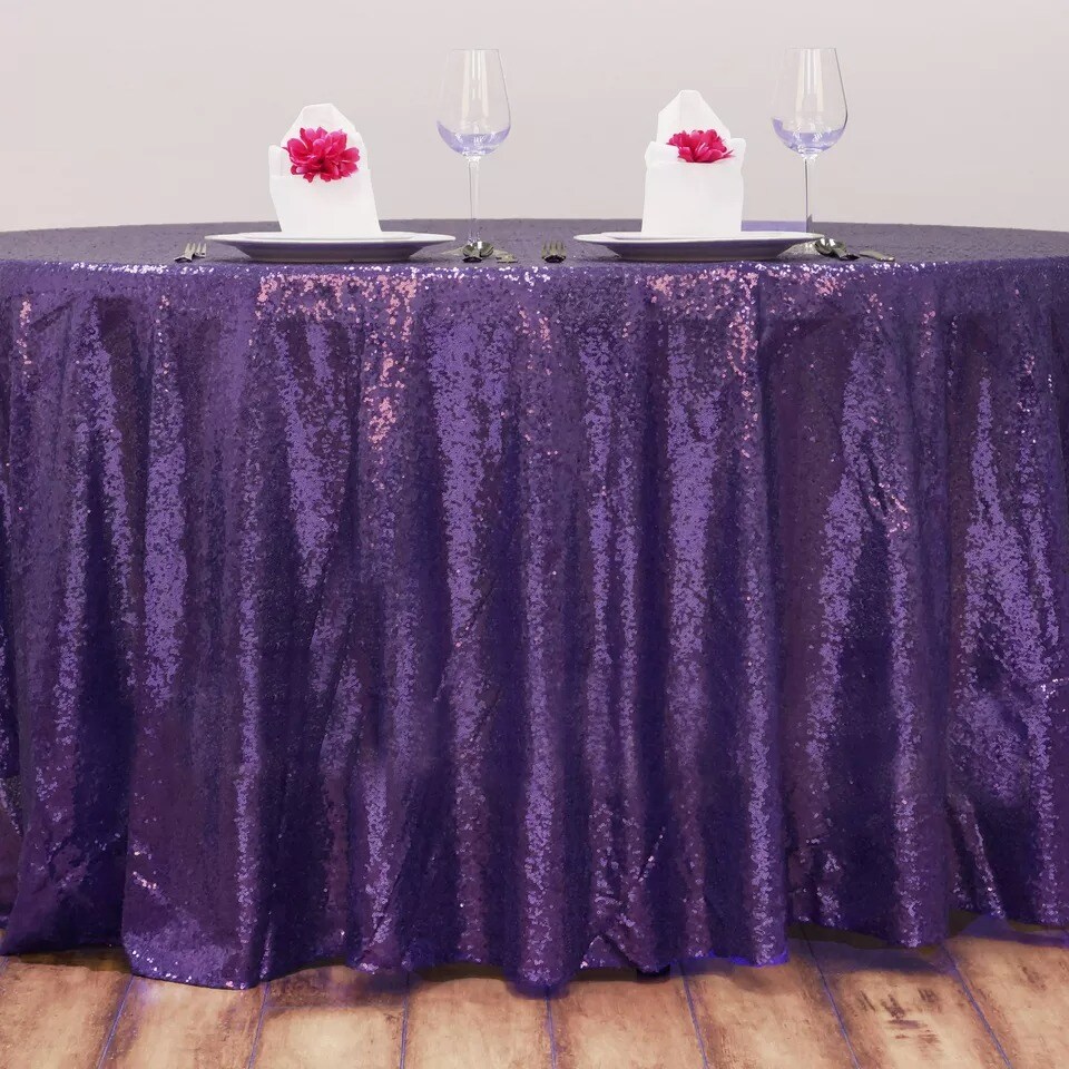 PURPLE Sequined 120&#x22; ROUND TABLECLOTH Designer Wedding Party Catering Linens