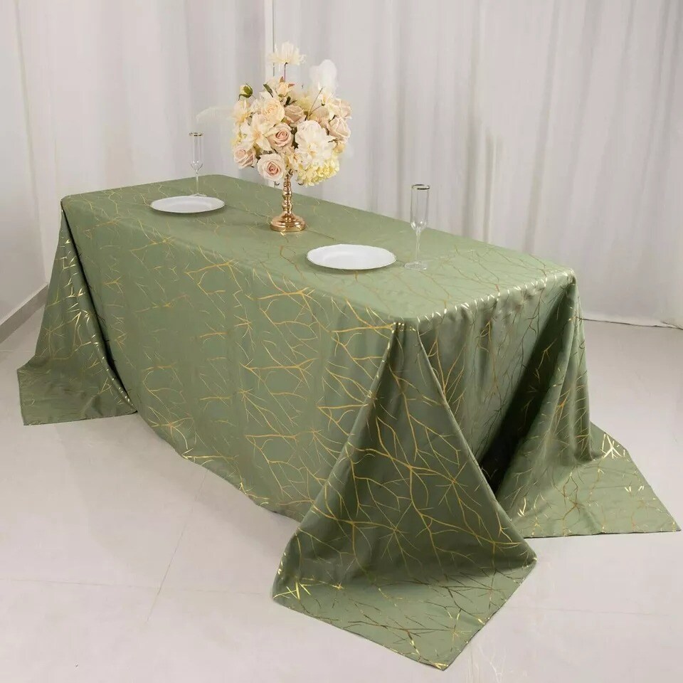 90&#x22;x132&#x22; Dusty Green Polyester Rectangle Tablecloth with Geometric Pattern Party