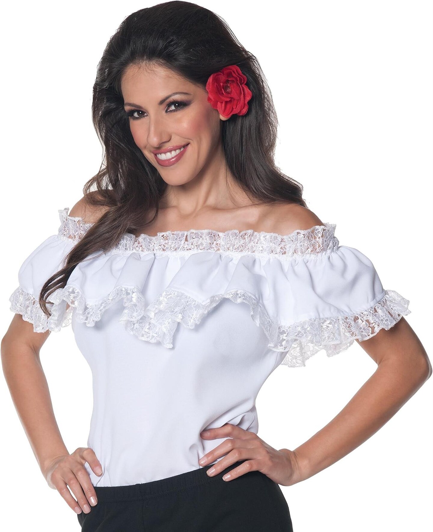 Senorita Blouse Women's Peasant Inspired Blouse Features Off-The-Shoulder with Elastic Lace Trim Medium