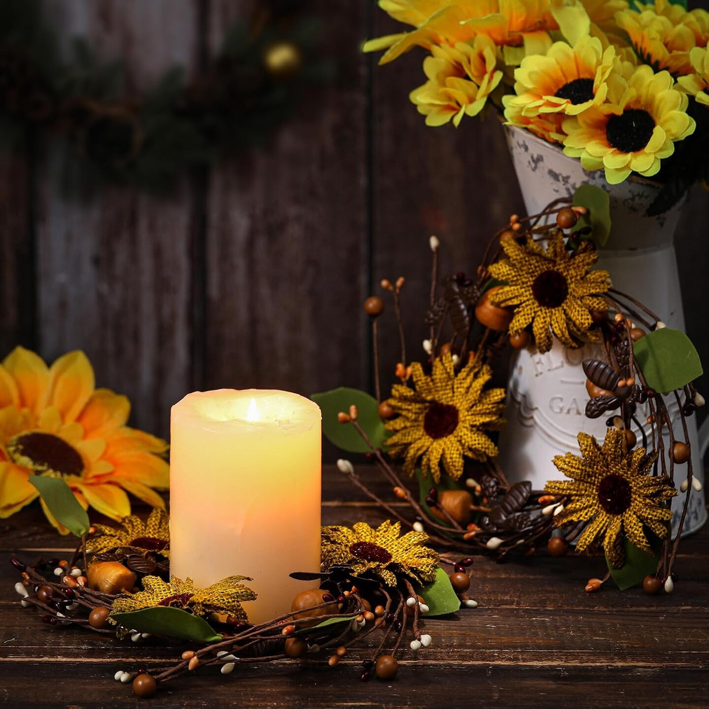 2 Pcs Retro Spring Sunflower Candle Wreaths – 6-Inch Candle Rings with Sunflowers, Honeycomb Leaves & Pillar Decor for Indoor & Outdoor Tables, Holiday & Seasonal Centerpieces