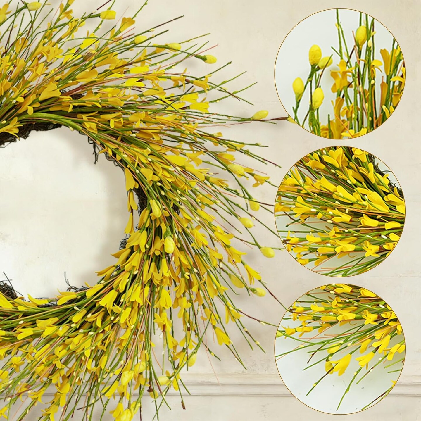 Spring Wreaths for Front Door, 20" Artificial Forsythia Spring Wreath with Yellow Flowers & Green Leaves – All Season Floral Wreath for Door, Wall, Window, Wedding & Farmhouse Decor
