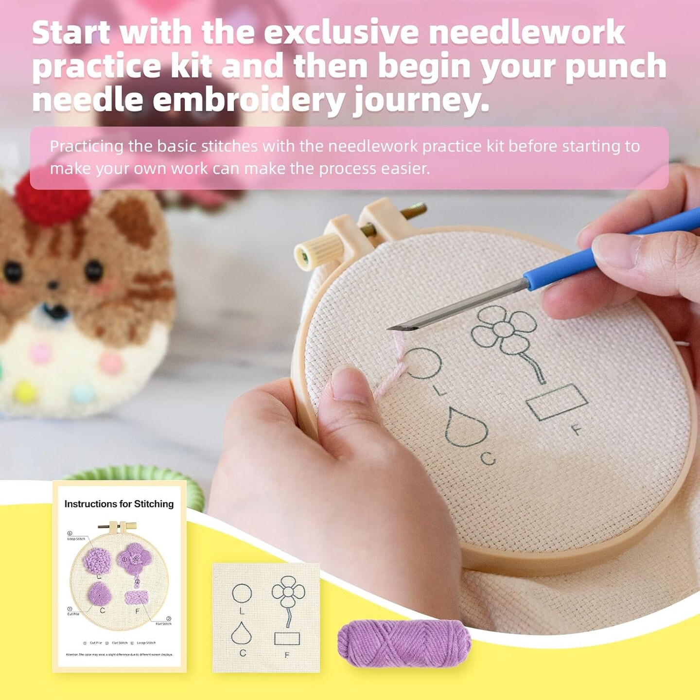 Punch Needle Kit for Beginners – DIY Cat Family Embroidery Set with Printed Patterns, Needles, Hoop, Yarn, Step-by-Step Instructions & Video Tutorial, Easy Craft Kit for Adults & Kids