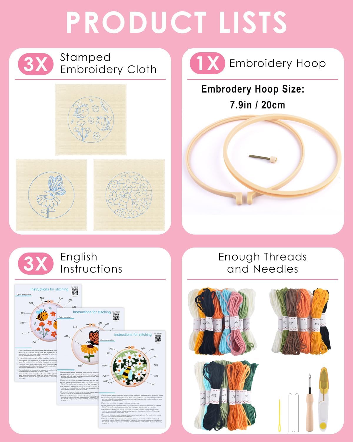 3-Set Flower Punch Needle Kit for Beginners – DIY Embroidery Kit with Pre-Printed Fabric, Hoop, Yarn, Punch Needle & Sewing Tools, Fun Craft Set for Adults & Kids