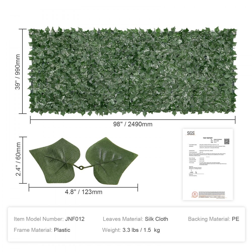 Green Silk Artificial Ivy Fence Panels with Plastic Frame Backing