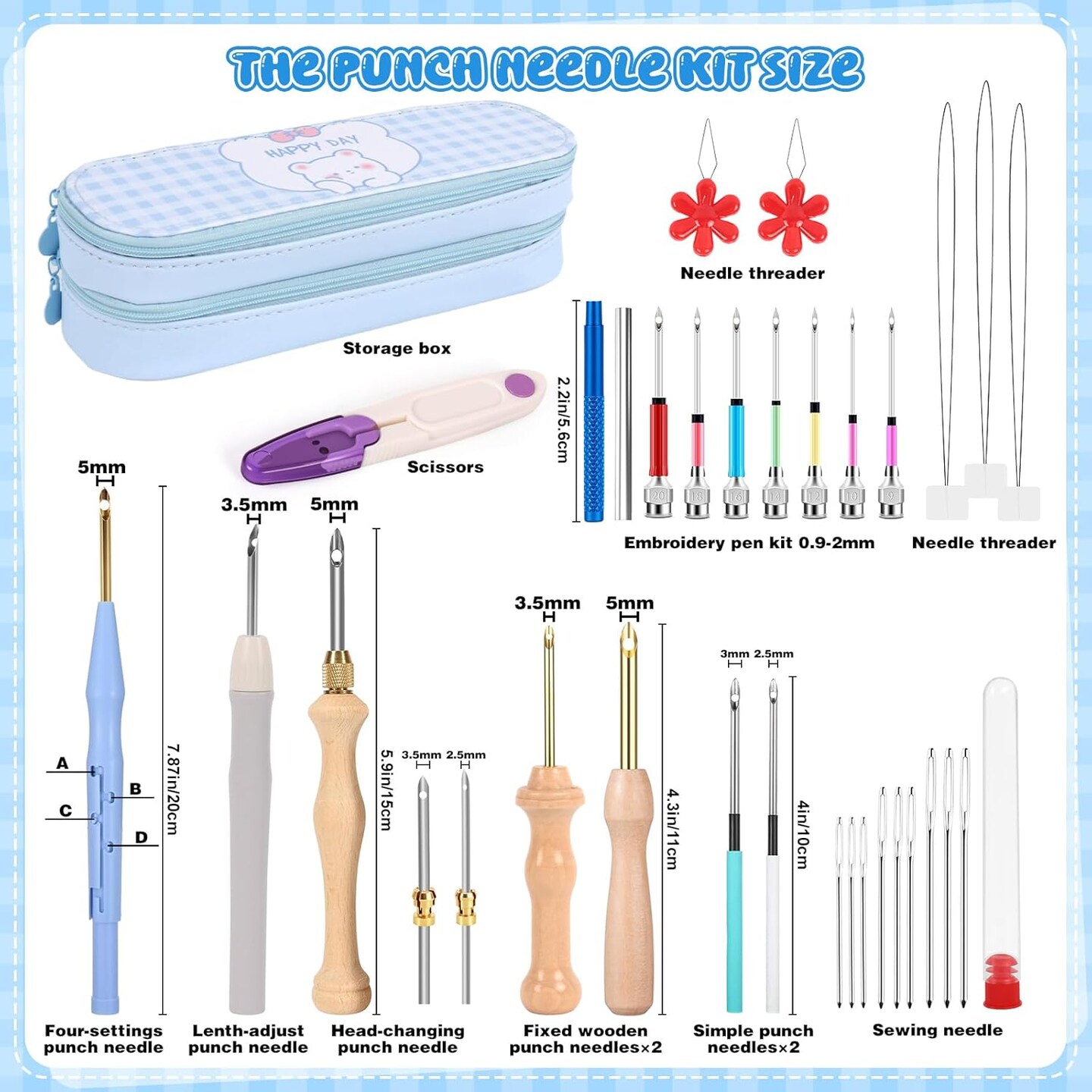 35-Piece Punch Needle Kit for Beginners – Adjustable Punch Needle Set with Multiple Needle Sizes, Wooden Handle Embroidery Pens, Storage Case, Scissors & Tools for DIY Crafts, Home Decor & Gifts