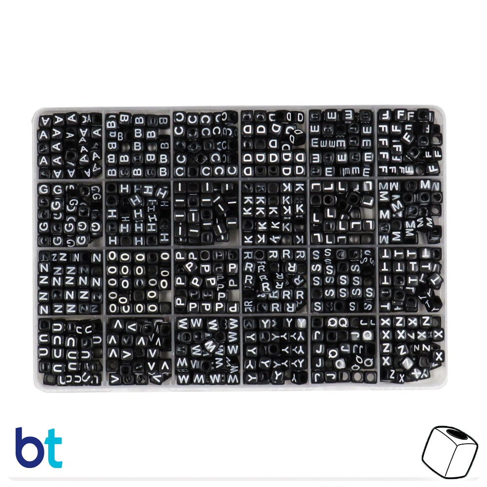 BeadTin Black Opaque 6mm Cube Alpha Beads - White Letters (Box Set)