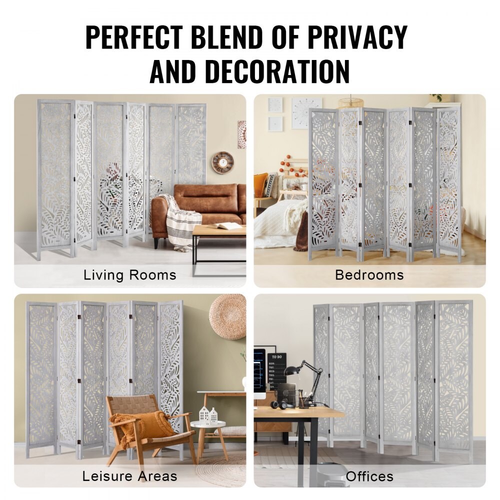 White Wood MDF 6-Panel Room Divider Screen Foldable Privacy Panels