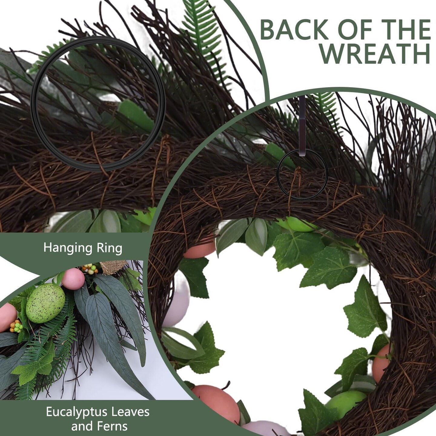 20 Inchs Easter Wreath for Front Door, Decor with Easter Eggs, Fabric Strips, Come with Hanger/Hook, 50LED Lights, Timer, for Outdoor Indoor Wall Window, for Spring Summer Hoilday, Gift