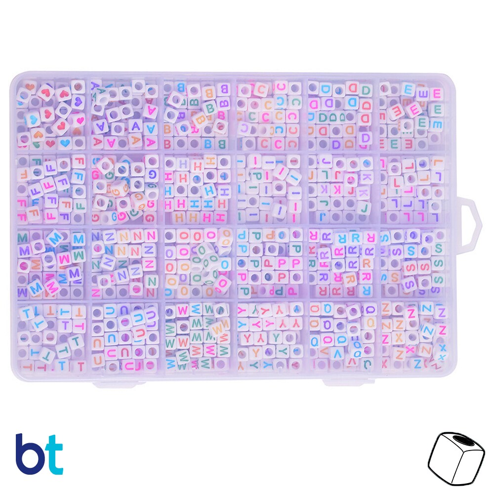 BeadTin White Opaque 6mm Cube Alpha Beads - Colored Letters (Box Set)