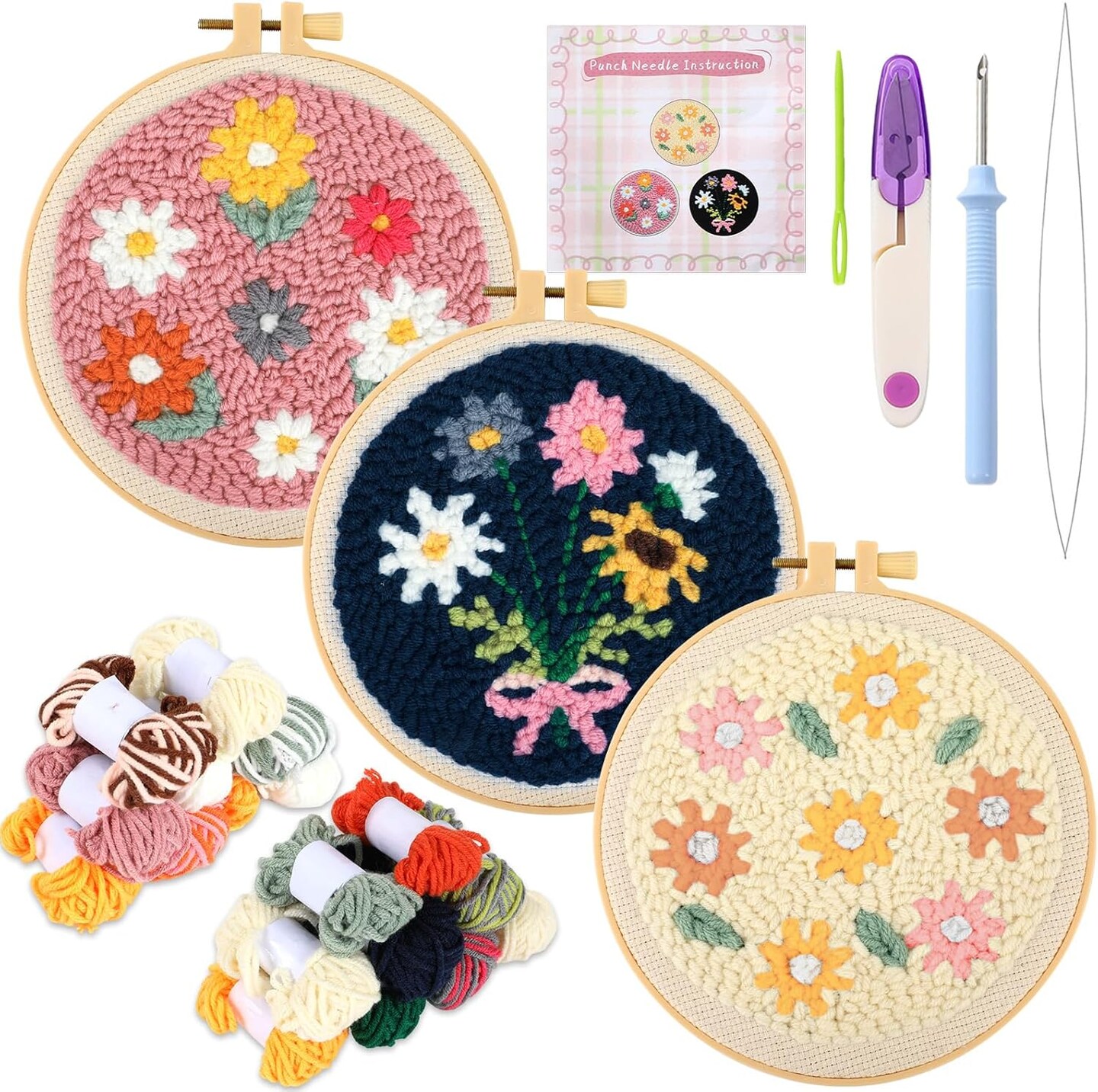 3-Set Punch Needle Embroidery Kit – Daisy Patterns with Fabric, Yarn, Hoop, Needle & Instructions for Beginners DIY Crafts