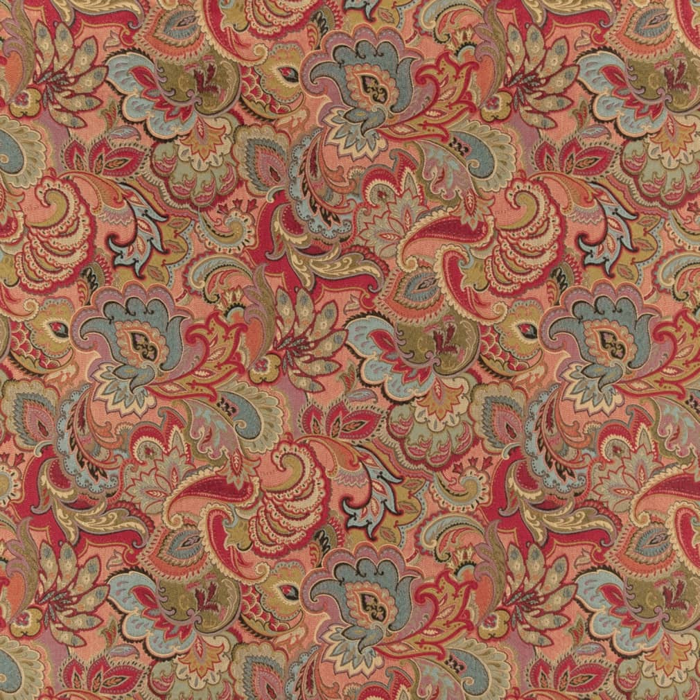 Green Blue Red and Gold Abstract Floral Upholstery Fabric by The Yard - Sku Ballard Classic