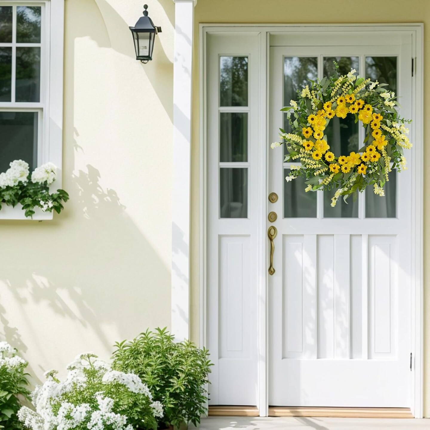 Spring Wreaths for Front Door, 22" Artificial Summer Wreath with Yellow Daisies, Green Eucalyptus & Lavender – Springtime Farmhouse Front Door, Wall & Porch Décor for Easter & Holidays