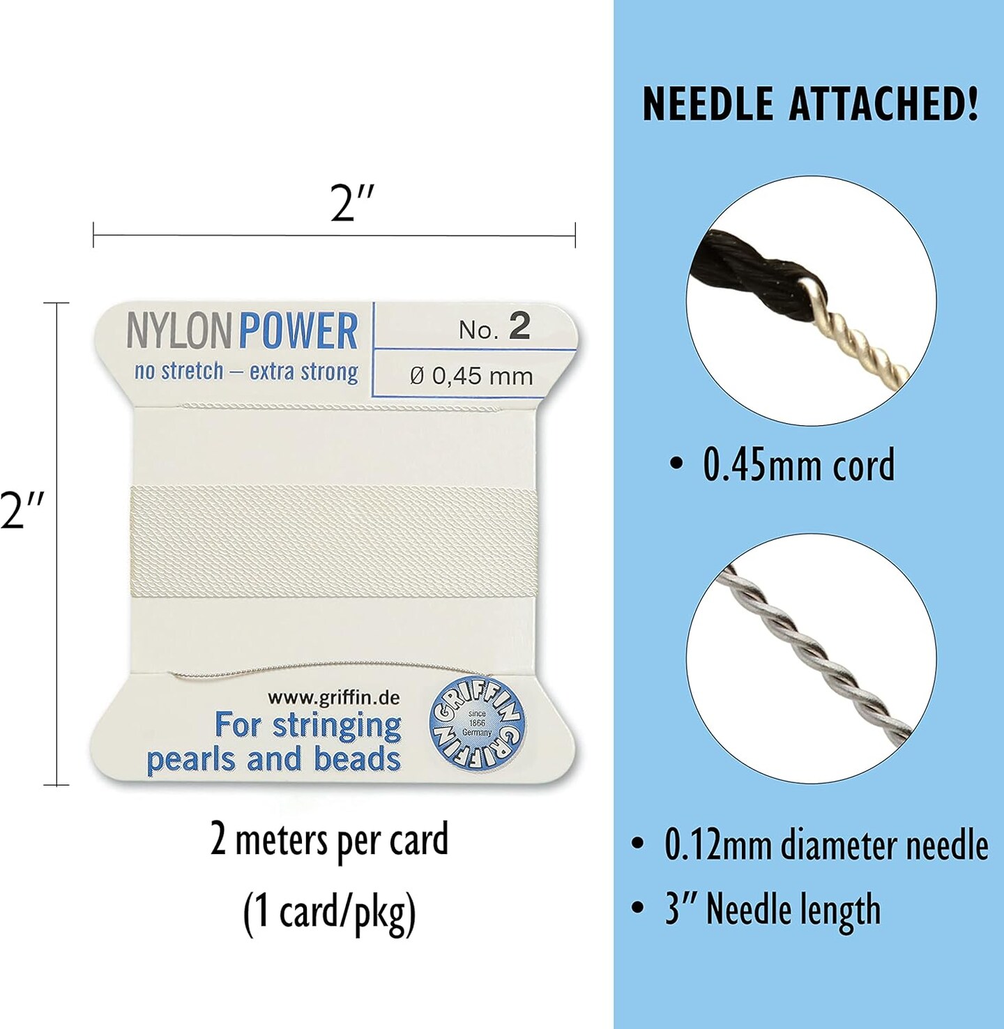 Griffin Nylon Bead Cord Perlseide – Size 2 (0.45mm) – 2 Meters per Card – Stainless Steel Needle Attached – for Knotting Pearls, Gemstones, Crystals and Beads
