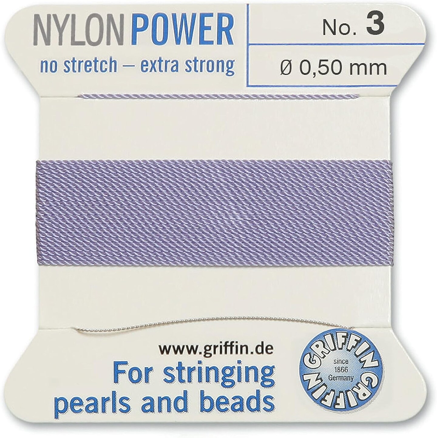 Griffin Nylon Bead Cord Perlseide – Size 3 (0.50mm) – 2 Meters per Card – Stainless Steel Needle Attached – for Knotting Pearls, Gemstones, Crystals and Beads