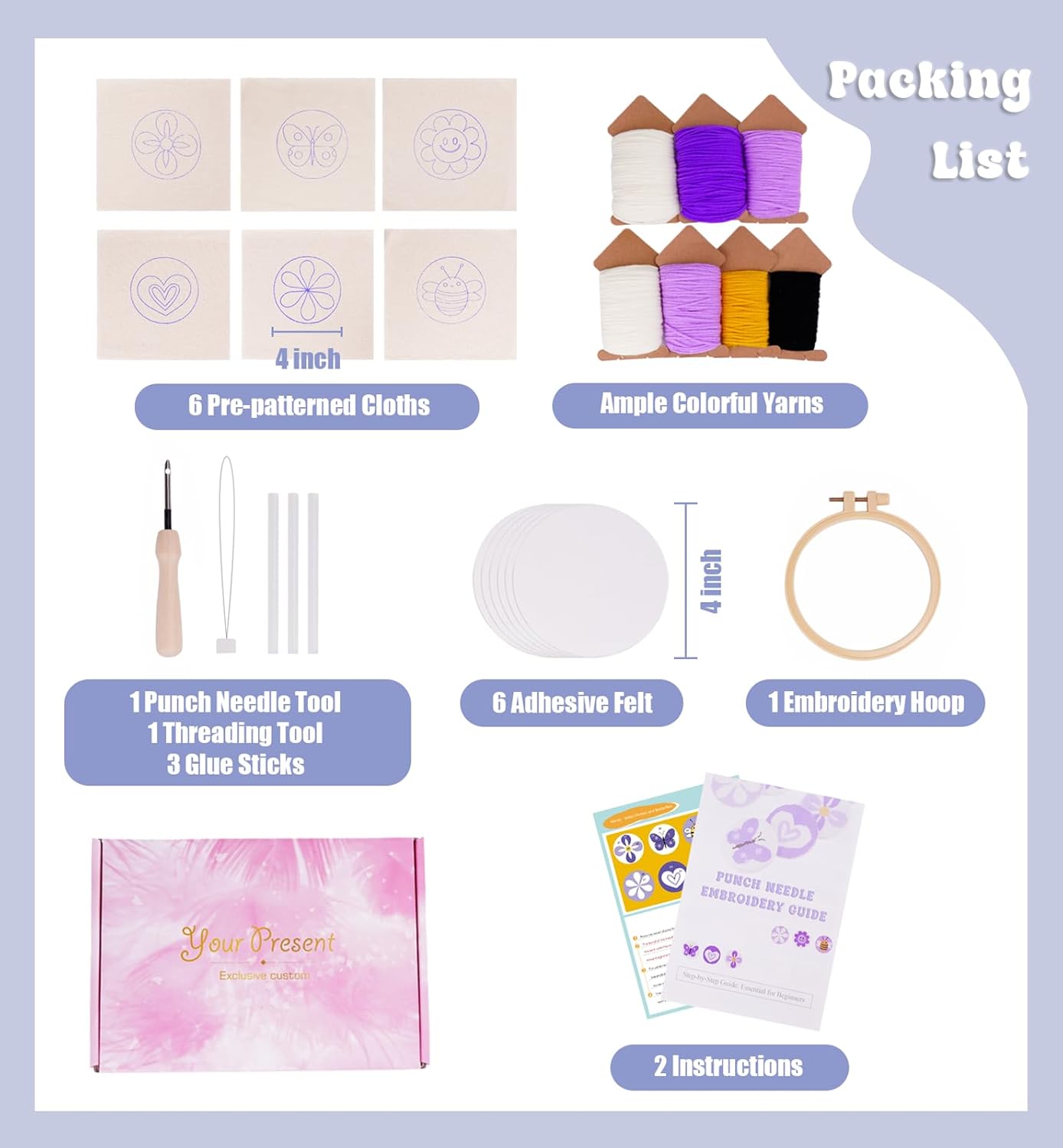 Punch Needle Kit for Beginners & Adults – Complete 6-Pattern Embroidery Coaster Set with Yarn, Felt, Tools, Hoop & Instructions – Easy DIY Punch Stitching Kit