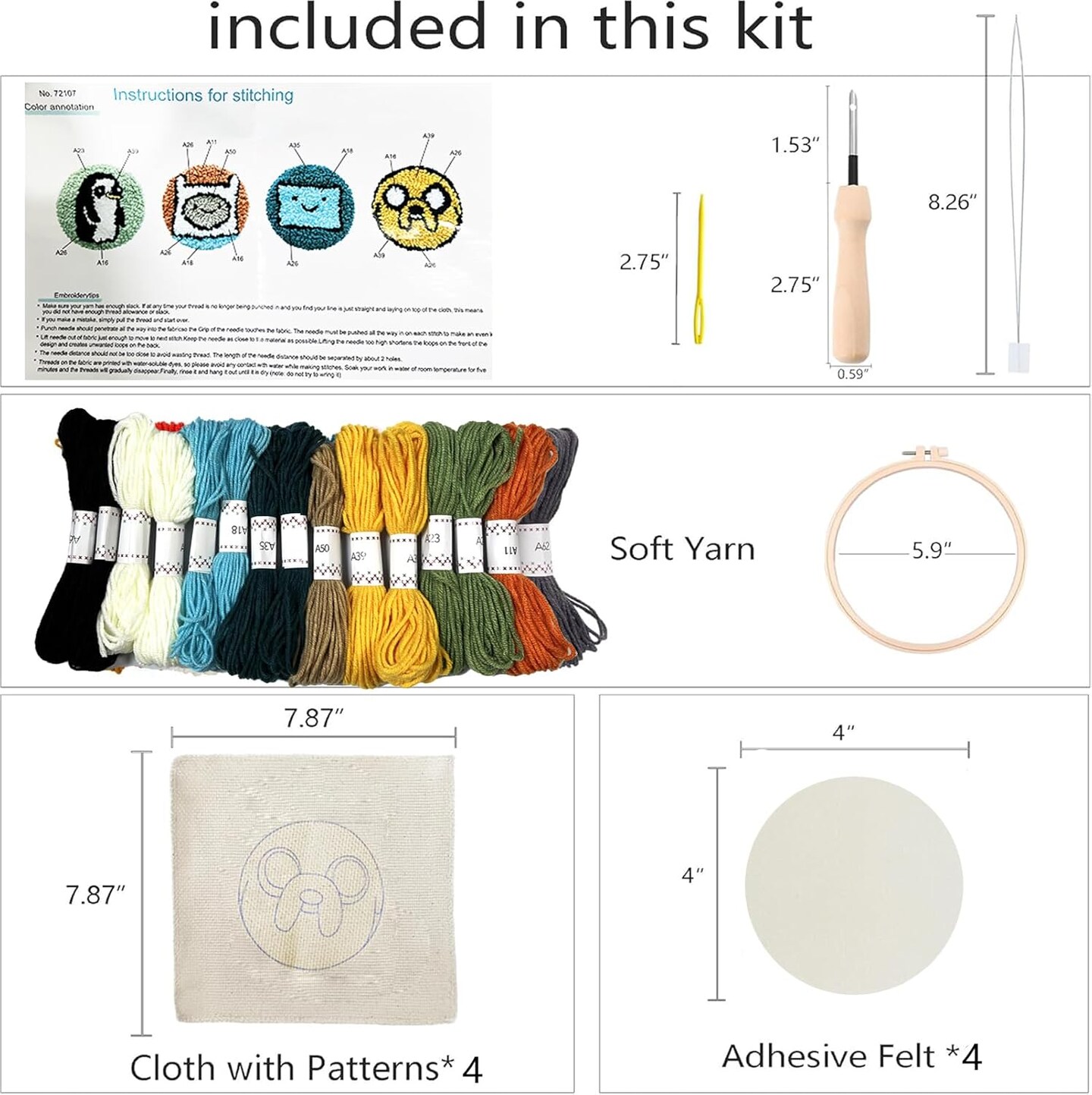 Adventure Time Punch Needle Kit – 4-Character Set (Finn, Jake, BMO, Gunter) with Hoop, Yarn & Instructions – Beginner-Friendly DIY Craft Gift
