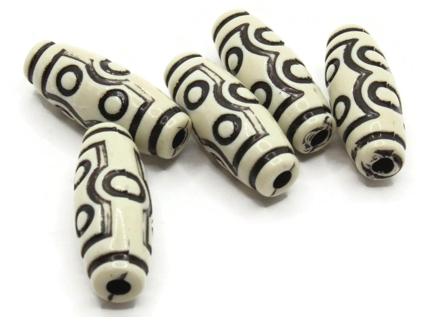 5 34mm White and Black Patterned Plastic Tube Beads