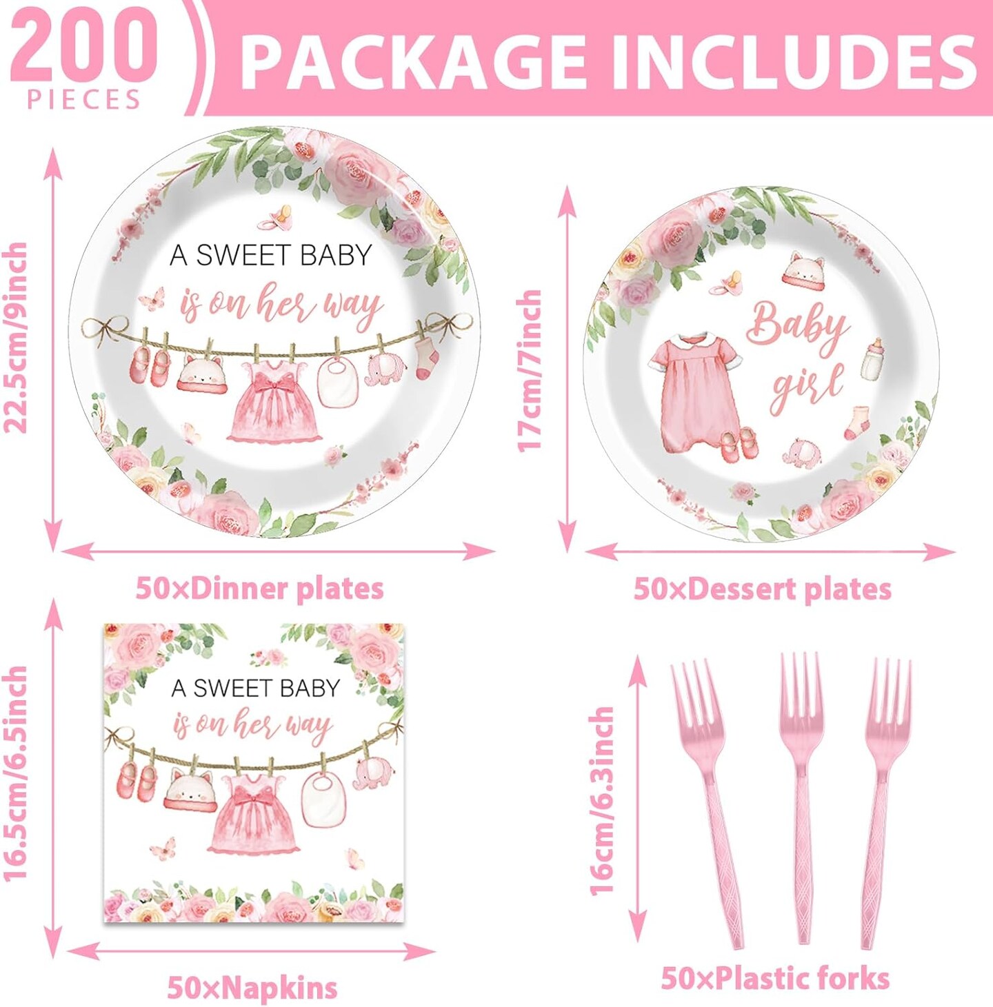 200Pcs Floral Girl Baby Shower Tableware Sets - Serves 50 (Pink) 9.06"L x 9.06"W x 0.04"Th