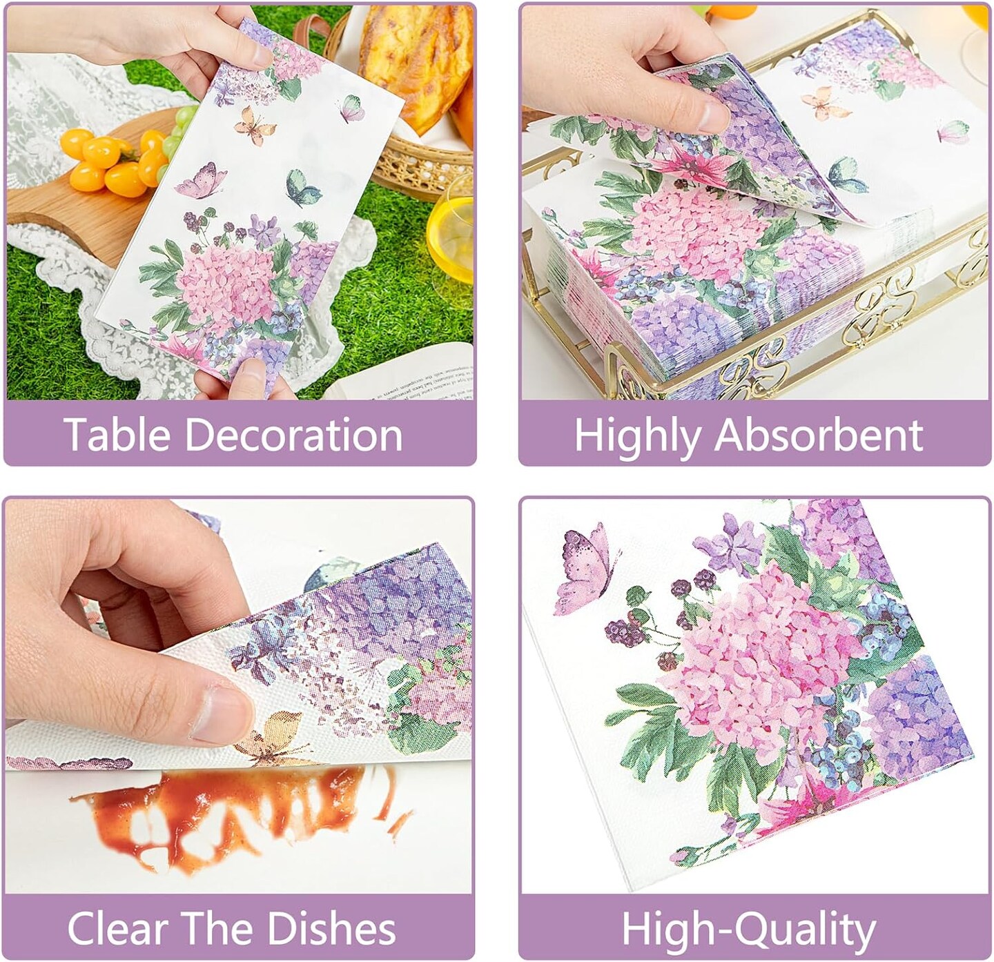 100 Pack Floral Purple Napkins with Butterfly - 3 Ply