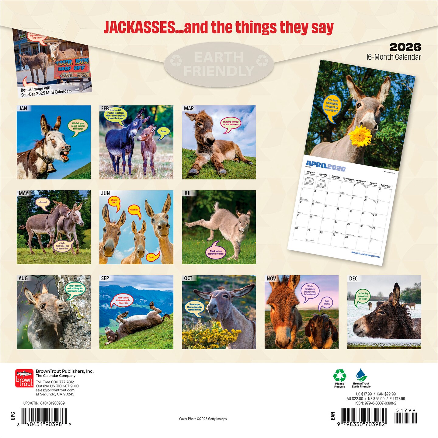 Jackasses | 2026 12 x 24 Inch (Hanging) Monthly Square Wall Calendar | Plastic-Free