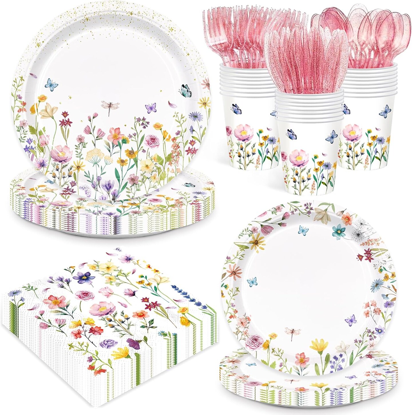 168pcs Wildflower Baby Shower Decorations Party Plates Napkins Floral Baby Shower Tableware Set Disposable Paper Cups Wildflower Party Supplies for Spring Summer Picnic Tea Party 24 Guests
