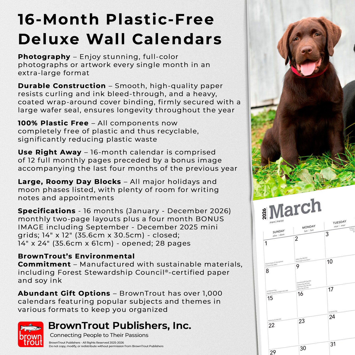 For the Love of Labrador Retrievers | 2026 14 x 24 Inch (Hanging) Monthly Deluxe Wall Calendar | Foil Stamped Cover | Plastic-Free