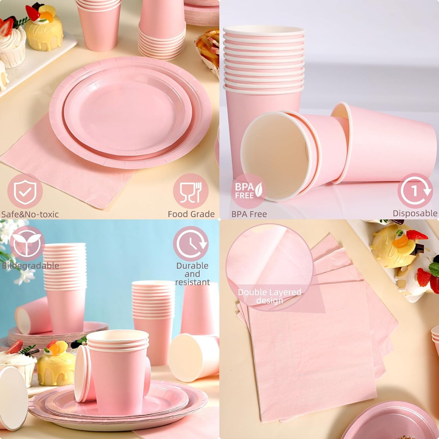 200Pcs Baby Shower Party Supplies Set &#x2013; Plates, Cups &#x26; Napkins for 50 Guests (Pink)