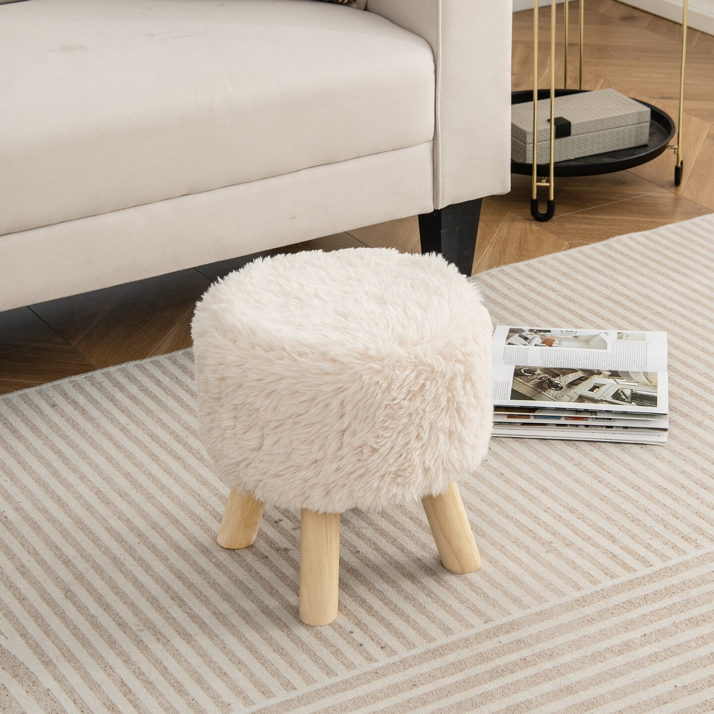 White Faux Fur Round Ottoman Stool, Padded Seat and Rubber Wood Legs