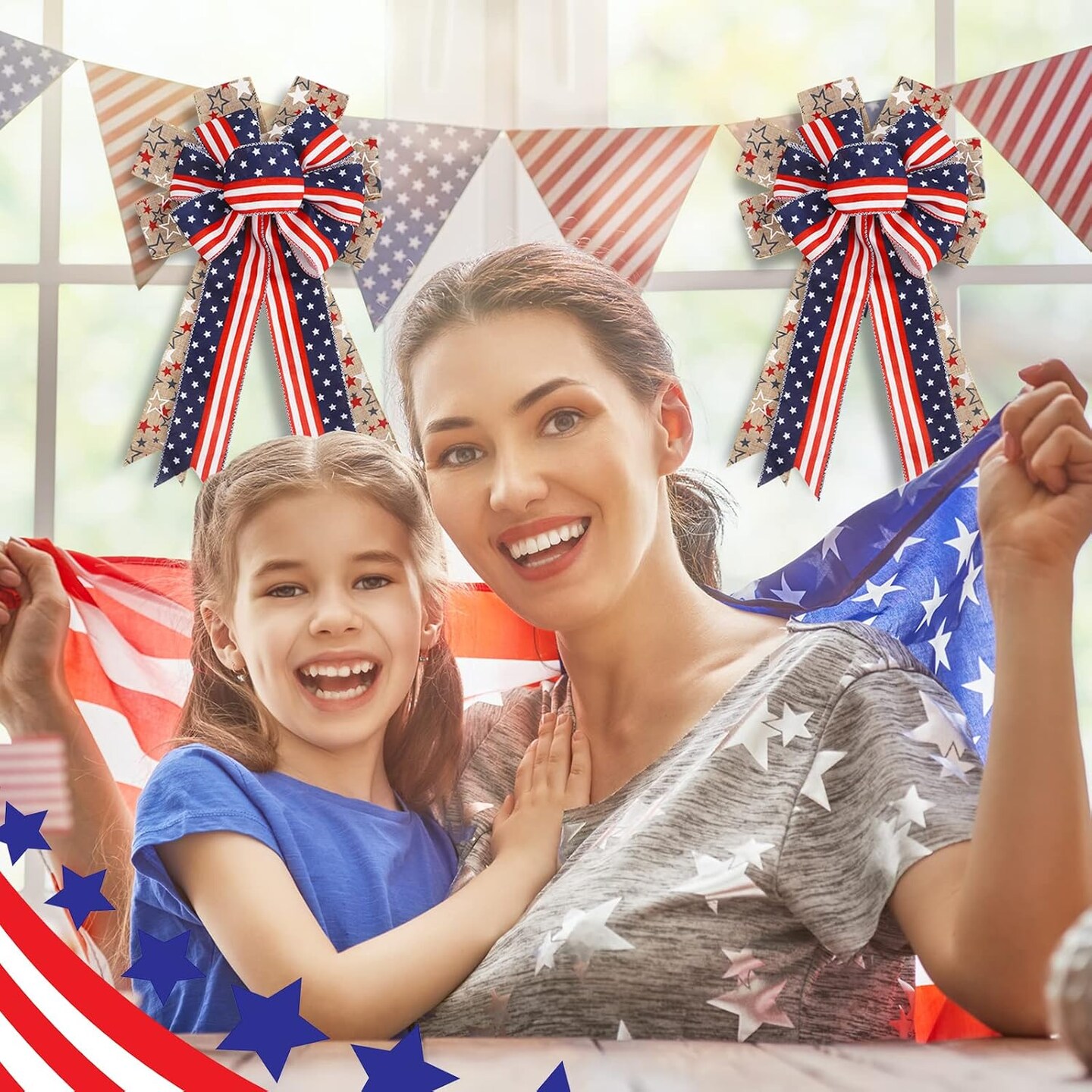 2 Pcs Patriotic Bow 4th of July Wreath Bow Red White Blue Star Burlap Bow Memorial Day American Flag Bow for Indoor Outdoor Tree Topper Independence Day Party Decoration(Star Style)