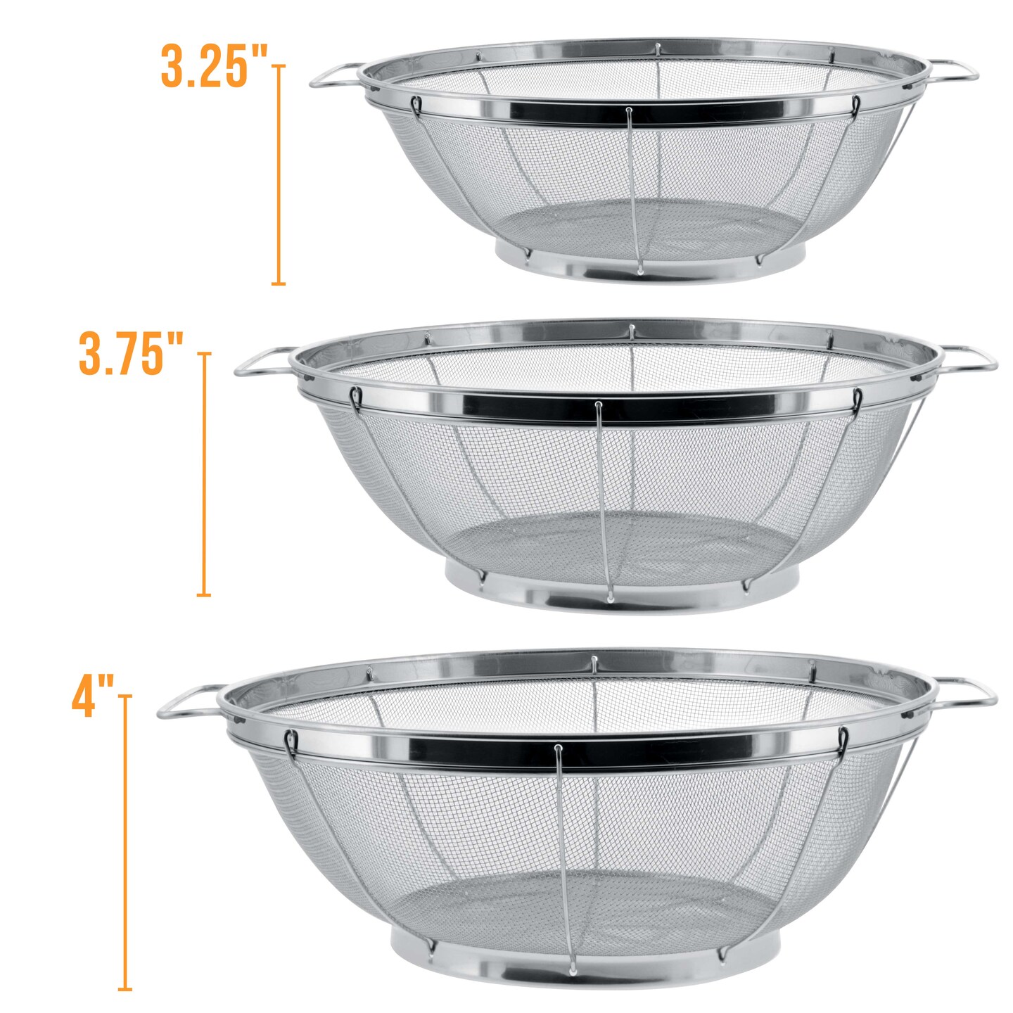U.S. Kitchen Supply&#xAE; - 3 Piece Colander Set, Stainless Steel Mesh Strainer Net Baskets, Handles &#x26; Resting Base, 11&#x22; 5 Quart 9.5&#x22; 4 Quart &#x26; 8.5&#x22; 3 Quart