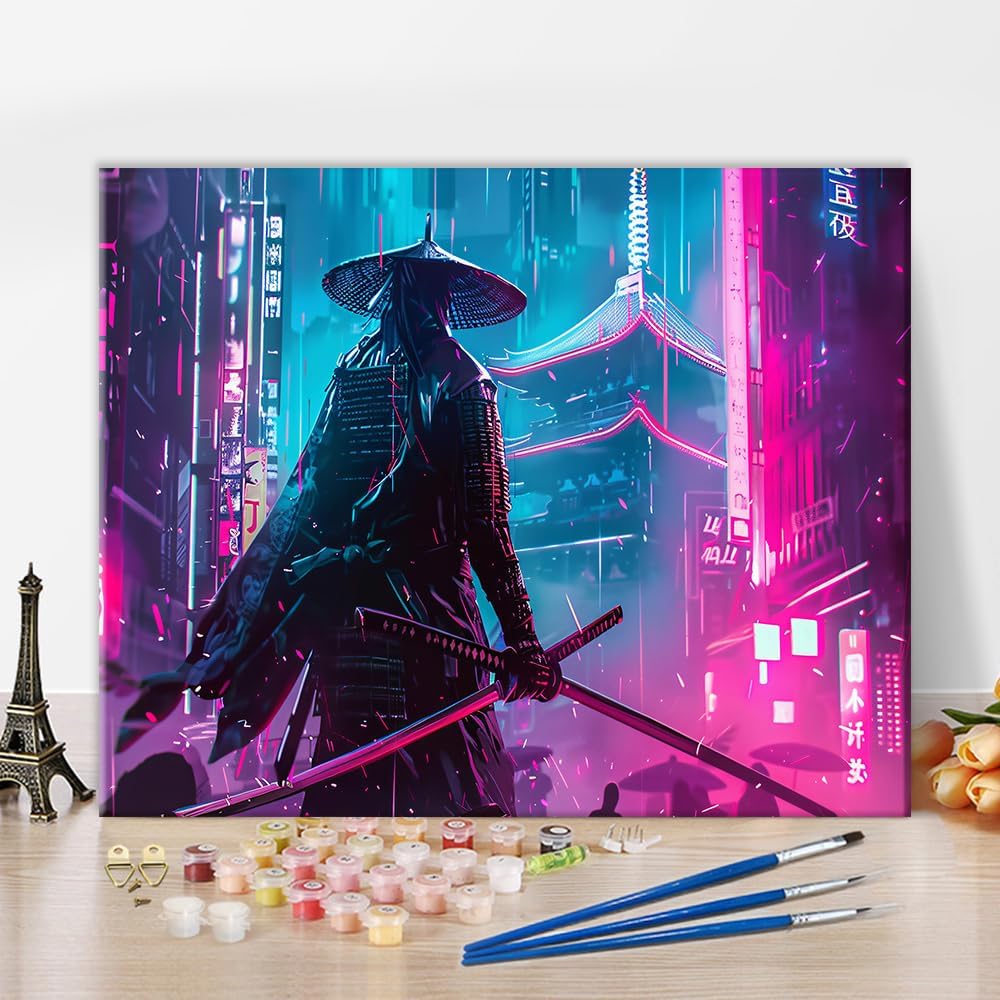 DIY Oil Painting Kit Modern Painting of a Samurai Painting Cyberpunk Fantasy Paint by Numbers for Adults Beginner with Paintbrushes for Home Wall Decor 16 x 20 inch
