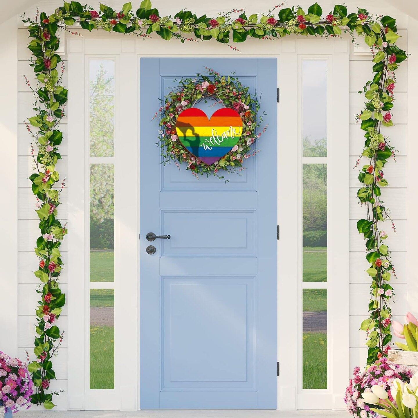 World Peace Love Heart Front Door Sign, Rainbow Pride Month Wood Door Hanger Outdoor Outside Porch Decor, Flower Butterfly Wooden Wreath Indoor Wall Hanging Decoration