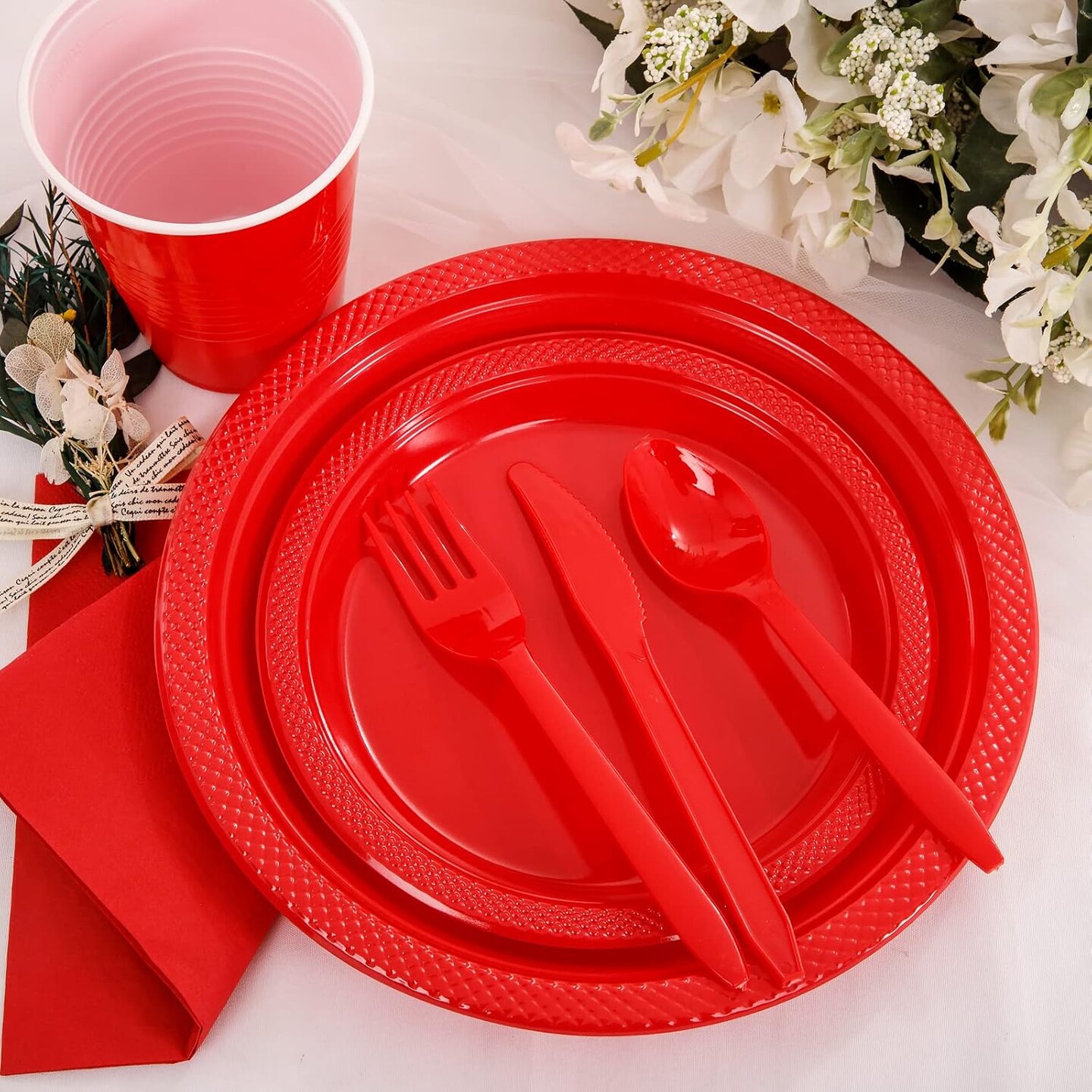 350PCS Red Disposable Plastic Plates,Valentines Day Plates Includes 50 Dinner Plates, 50 Salad Plates, 50 Sets of Red Silverware, 50 Red Napkins and 50Pcs 12OZ Plastic Cups