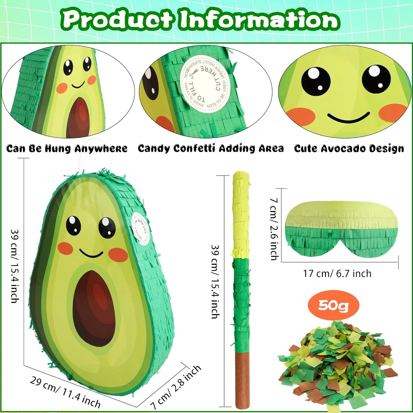 Novelty Fruit Avocado Pinata with Blindfold Bat Confetti for Baby Shower Fiesta Taco Tuesday Party Mexican Themed Party Decorations