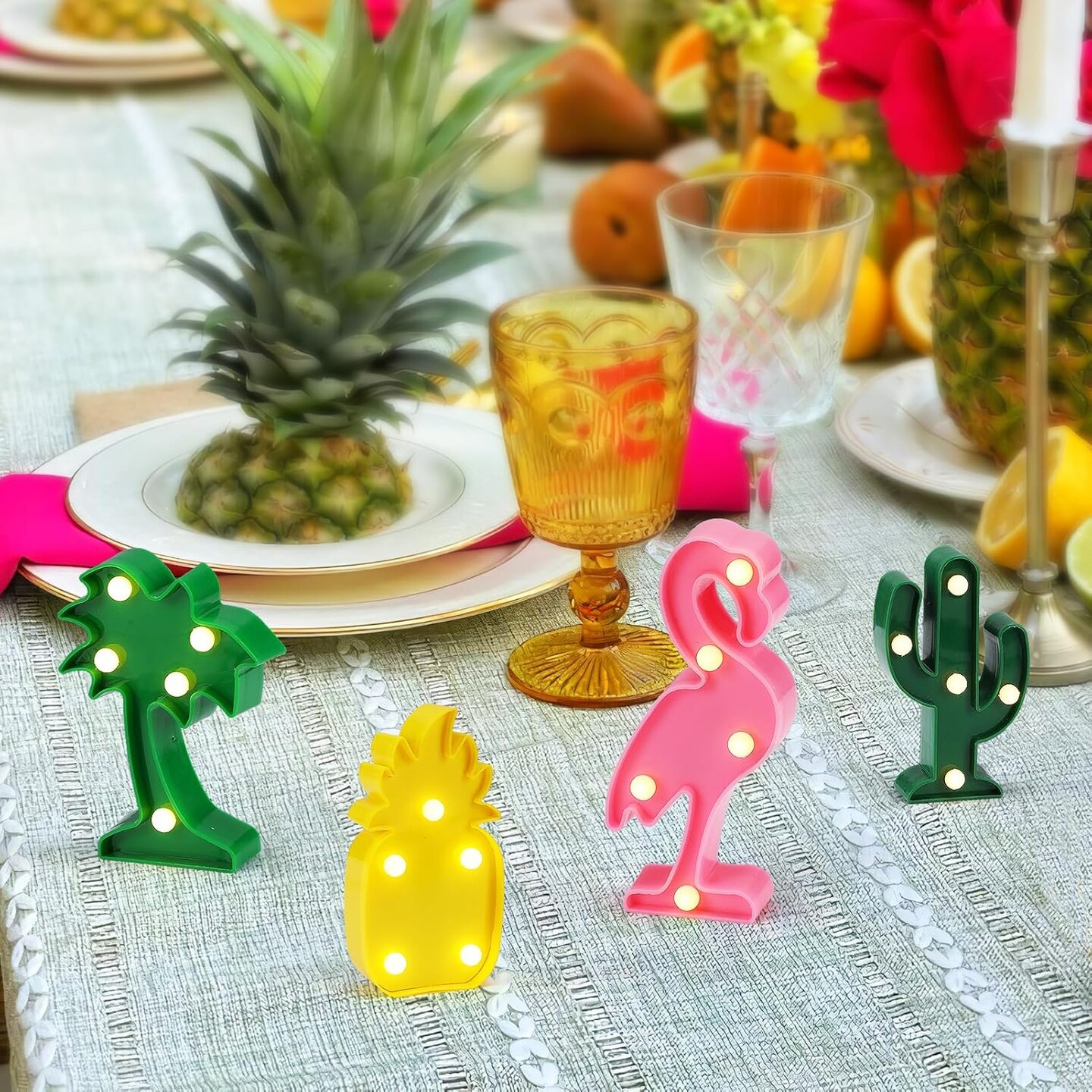 Summer Hawaiian Party Decorations Lights - 4 Shapes Flamingo, Cacti, Pineapple, Palm Tree Mini LED Sign Lamps for Summer Beach Tropical Party Decor Supplies