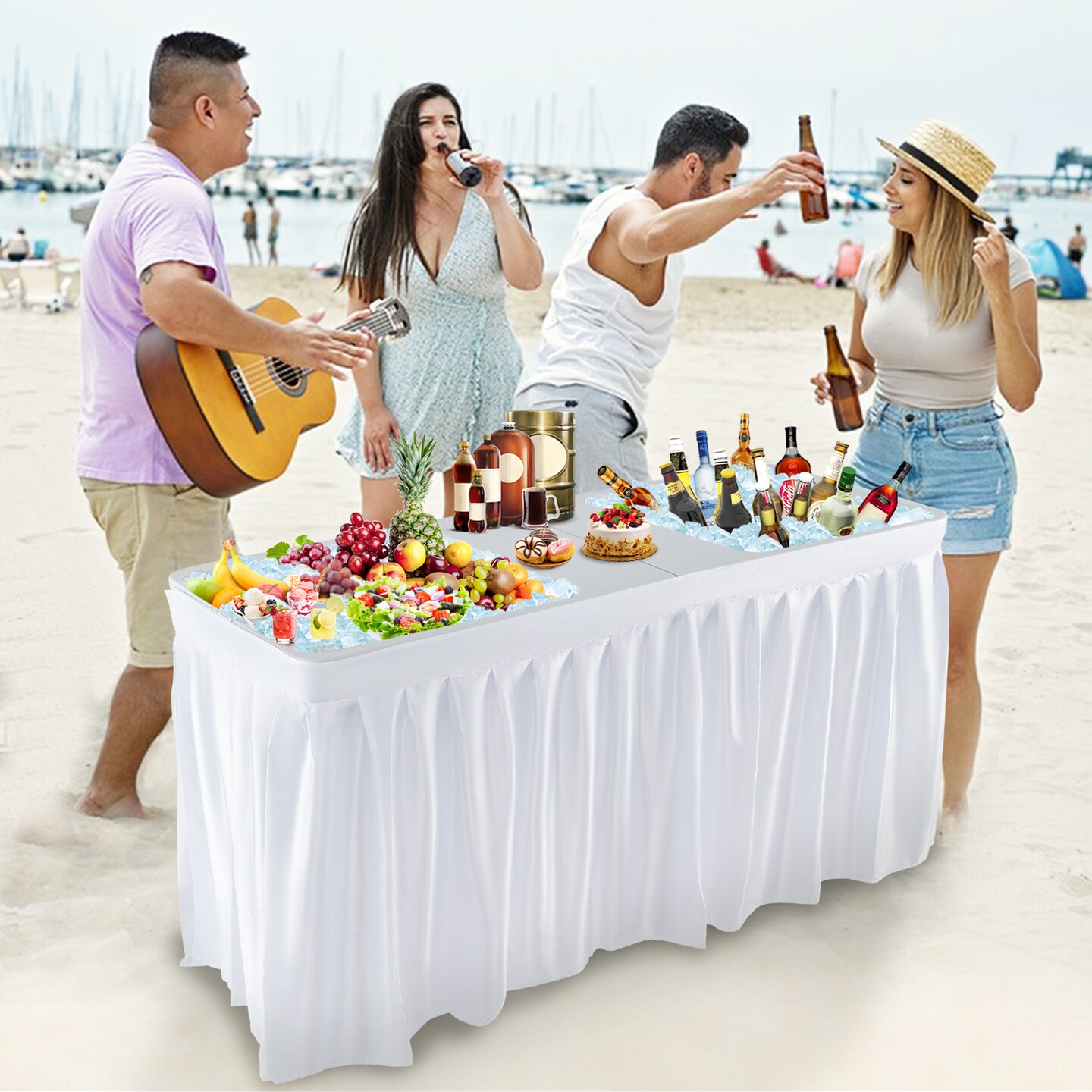 White Folding Ice Cooler Table with Double Sinks and H-Shaped Metal Frame Ideal for Picnic or Wedding