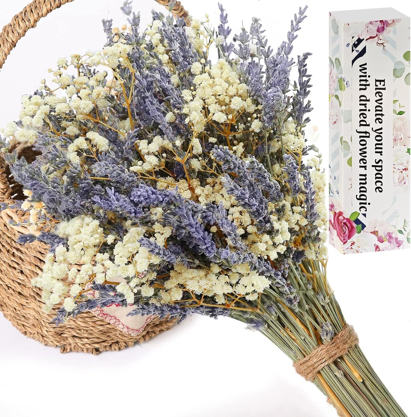Dried Lavender &#x26; Baby&#x27;s Breath Flowers Bundles, 2 Bunches Dried Flower Bouquet for Vase, Natural Gypsophila, Valentines Day Decor Present, Home, Wedding, Photography, Floral Arrangement, DIY