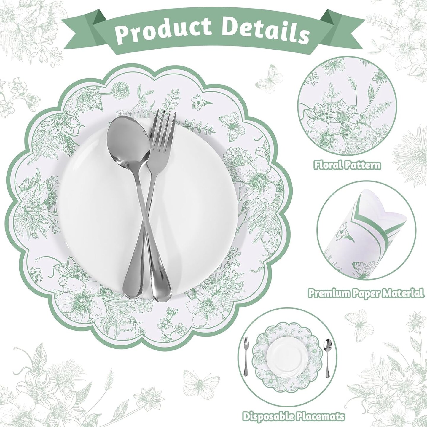 60 Pcs Sage Green Floral Paper Placemats, 13.5 Inch Disposable Scalloped Table Mats Vintage Floral Banquet Place Mats Sage Green Toile Placemat for Table Setting Wedding Bridal Tea Party Supplies
