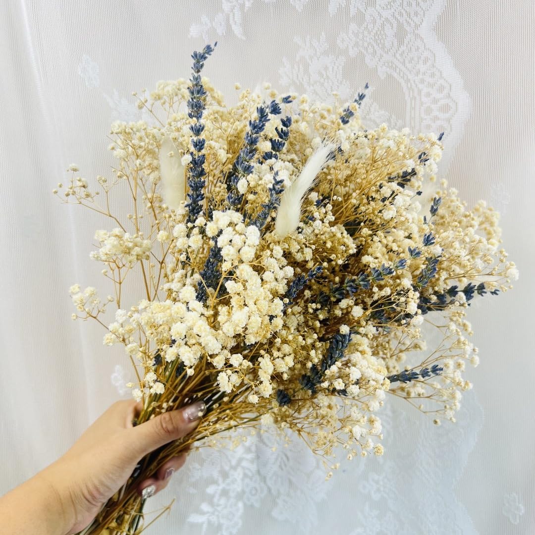 Dried Lavender &#x26; Baby&#x27;s Breath &#x26; White Bunny Tails Flowers Bundles, Dried Flower Bouquet for Vase, Natural Gypsophila for Home, Wedding, Floral