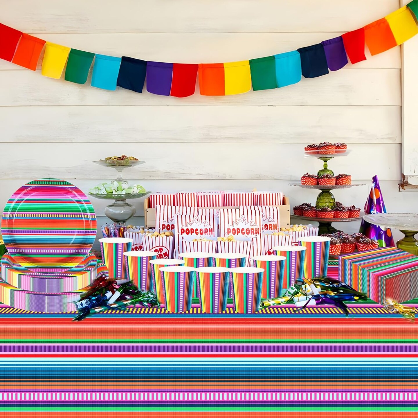 177 PCS Mexican Fiesta Party Supplies Fiesta Tableware Set Mexican Serape Paper Plates Napkins Cups Mexico Stripes Plastic Tablecloth for Cinco De Mayo Mexico Birthday Party