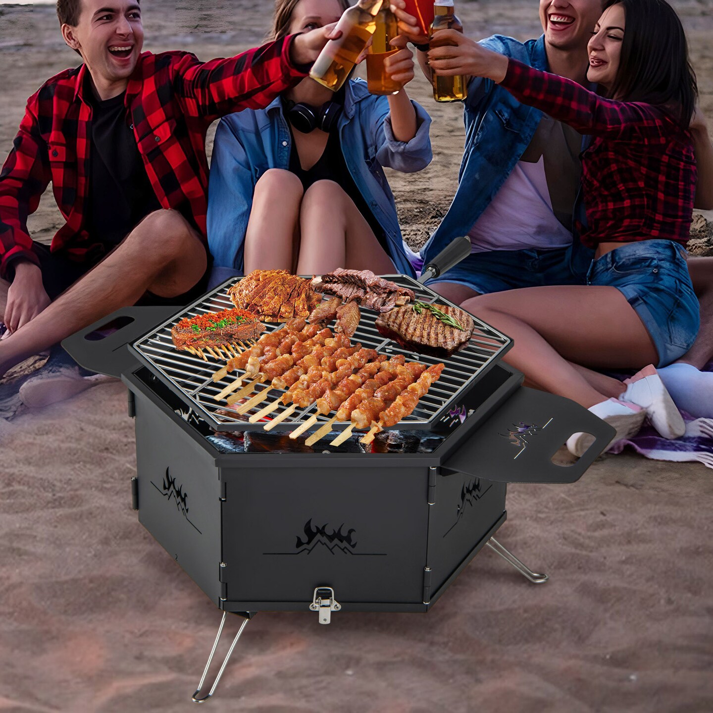 3-in-1 Portable Hibachi Charcoal Grill Carbon Steel &#x26; Stainless Steel