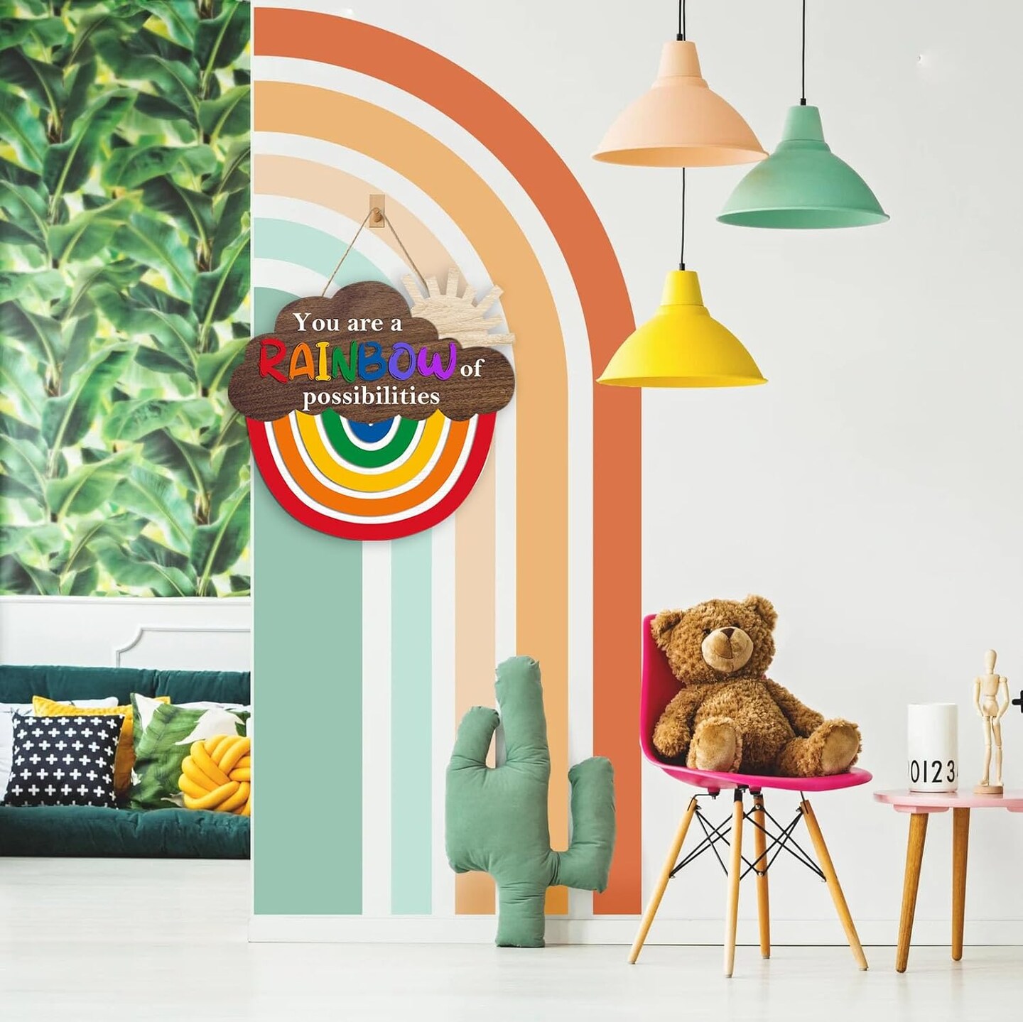Rainbow Wooden Sign (12.2x11.5 inch), You Are A Rainbow Of Possibilities Inspirational Quote Hanger Sign, Colorful Rainbow Decorative Hanging Sign for Nursery Playroom Classroom School Decor
