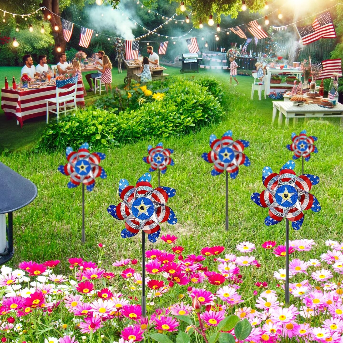 10 Pieces 21 Inches Patriotic Reflective Pinwheels with Stakes, American Flag Windmill Wind Spinners