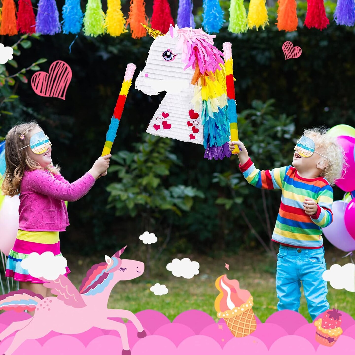 Unicorn Rainbow Piñata for Girls Birthday Party Supplies Small Piñata Set Includes Mask Bat and Confetti Bag for Kids Unicorn Theme Birthday Game Party Decorations, 16 x 10.6 x 3 Inches