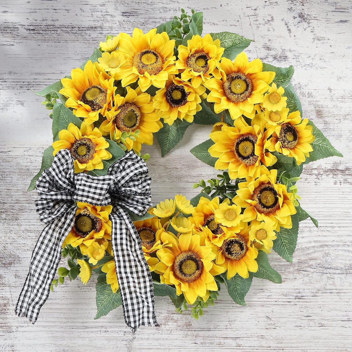 18&#x22; Artificial Sunflower Wreath for Front Door &#x2013; Summer Farmhouse Wreath with Ribbon and Sunflowers for Porch, Window, or Home Decor